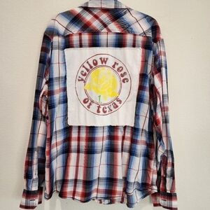 Reworked Upcycled Plaid Western Shirt Yellow Rose of Texas Cowgirl Rodeo 2XL